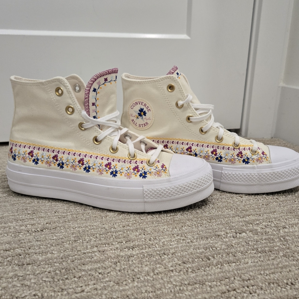 Converse White Floral Embroidered High Top Sneakers - Picture 2 of 10
